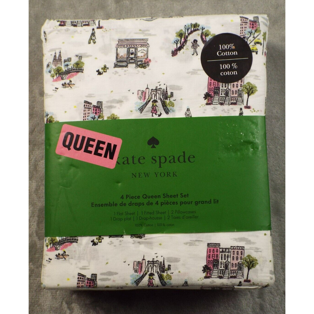 KATE SPADE Fine Day New York City Themed 100% Cotton 4 PC Queen Sheet Set NEW